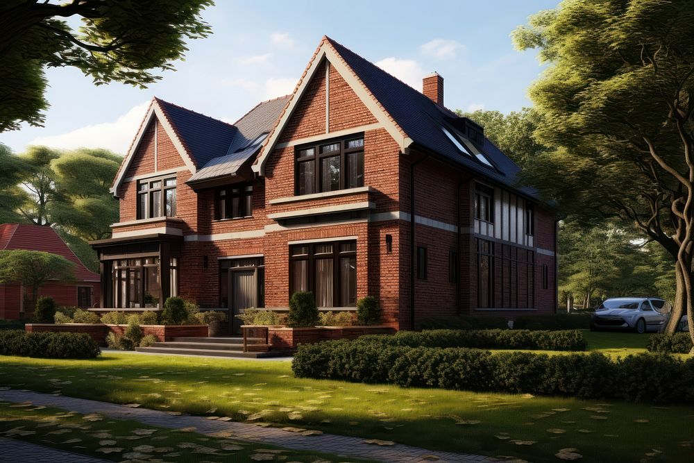 The single brick detached house lawn architecture building. AI generated Image by rawpixel.