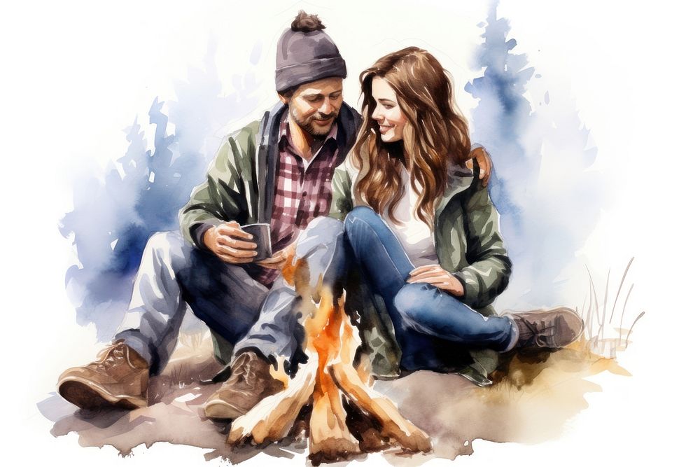 A couple sitting by the campfire adult togetherness affectionate. AI generated Image by rawpixel.