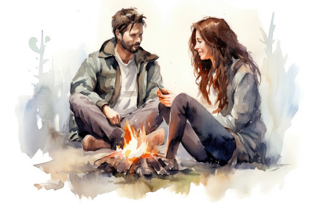 A couple sitting by the campfire adult cross-legged togetherness. AI generated Image by rawpixel.