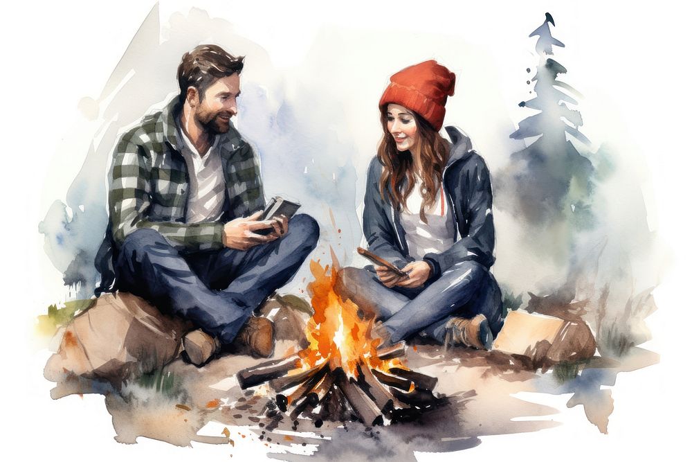 A couple sitting by the campfire bonfire adult cross-legged. AI generated Image by rawpixel.