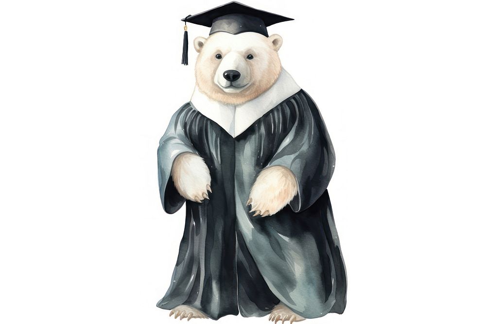 Cute polar bear wearing black graduation regalia gown cartoon mammal animal. AI generated Image by rawpixel.