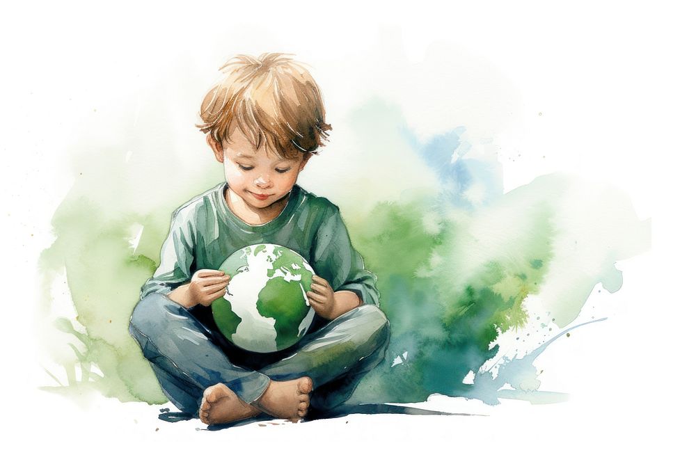 A little boy hugging a green globe portrait child cross-legged. AI generated Image by rawpixel.