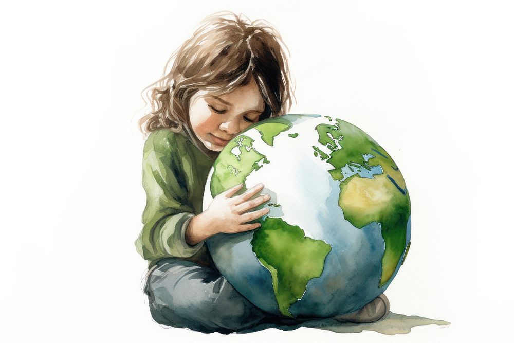 A little girl hugging a green globe sphere planet photography. AI generated Image by rawpixel.