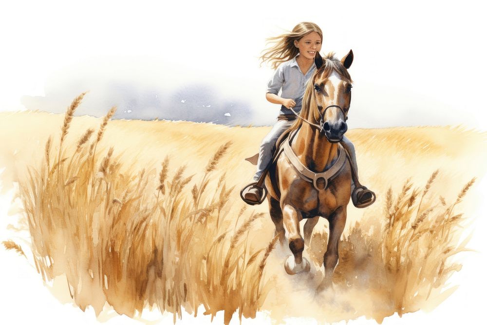 A little girl riding a horse in wheat field mammal animal adult. AI generated Image by rawpixel.