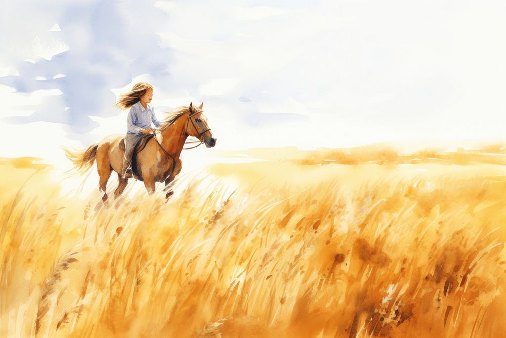 A little girl riding a horse in wheat field outdoors mammal animal. AI generated Image by rawpixel.