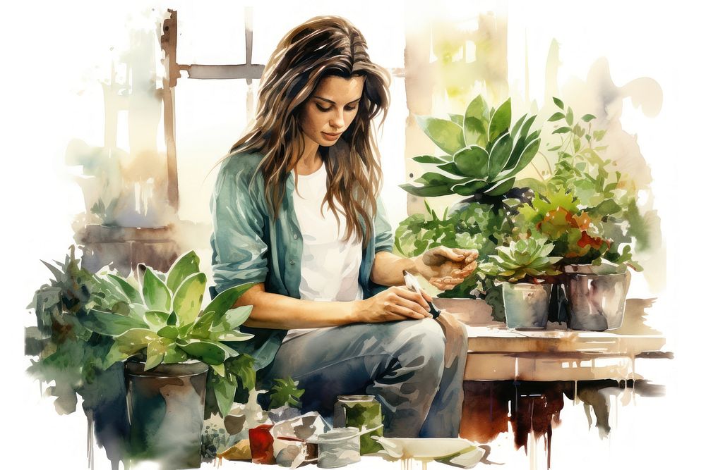 A woman gardening sitting adult plant. AI generated Image by rawpixel.
