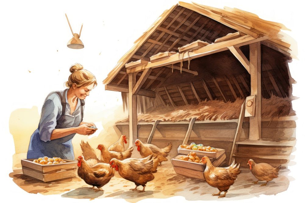 Woman farmer collecting chicken eggs in a barn poultry cartoon adult. AI generated Image by rawpixel.