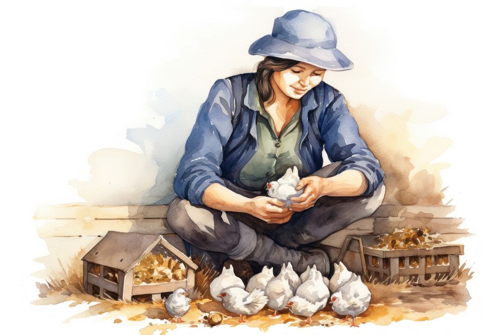 Woman farmer collecting chicken eggs in a barn cartoon adult cross-legged. AI generated Image by rawpixel.
