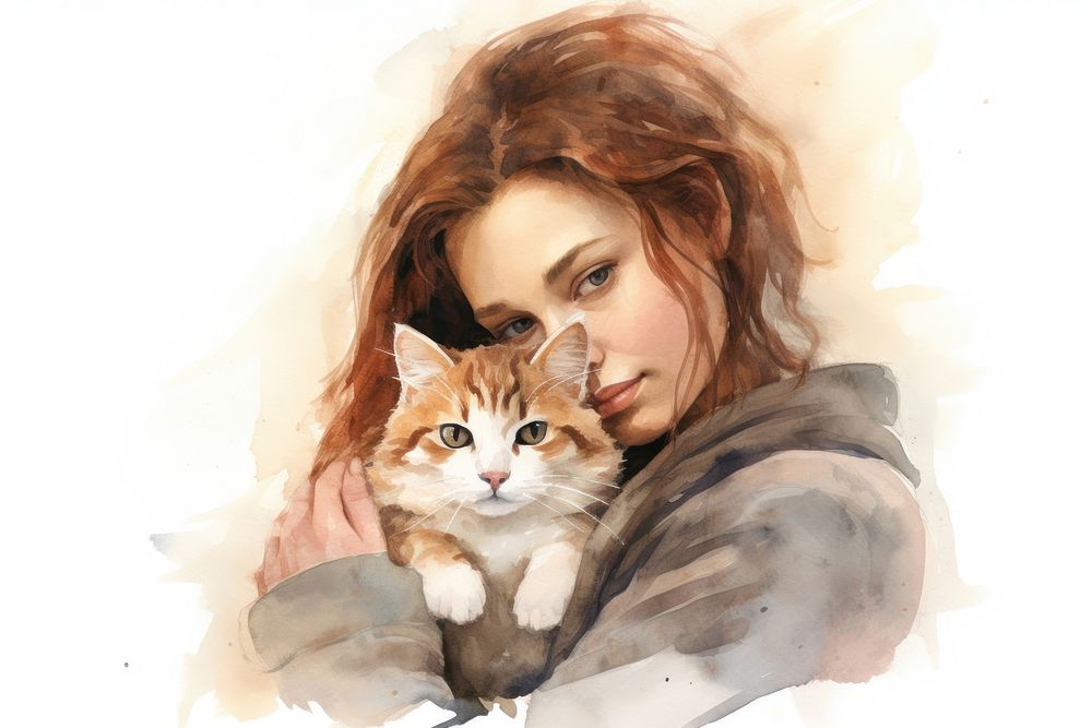 A woman hugging her cat portrait drawing animal. AI generated Image by rawpixel.