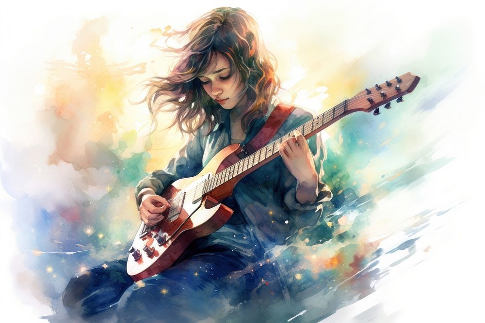 Young girl playing electric guitar musician individuality performance. 