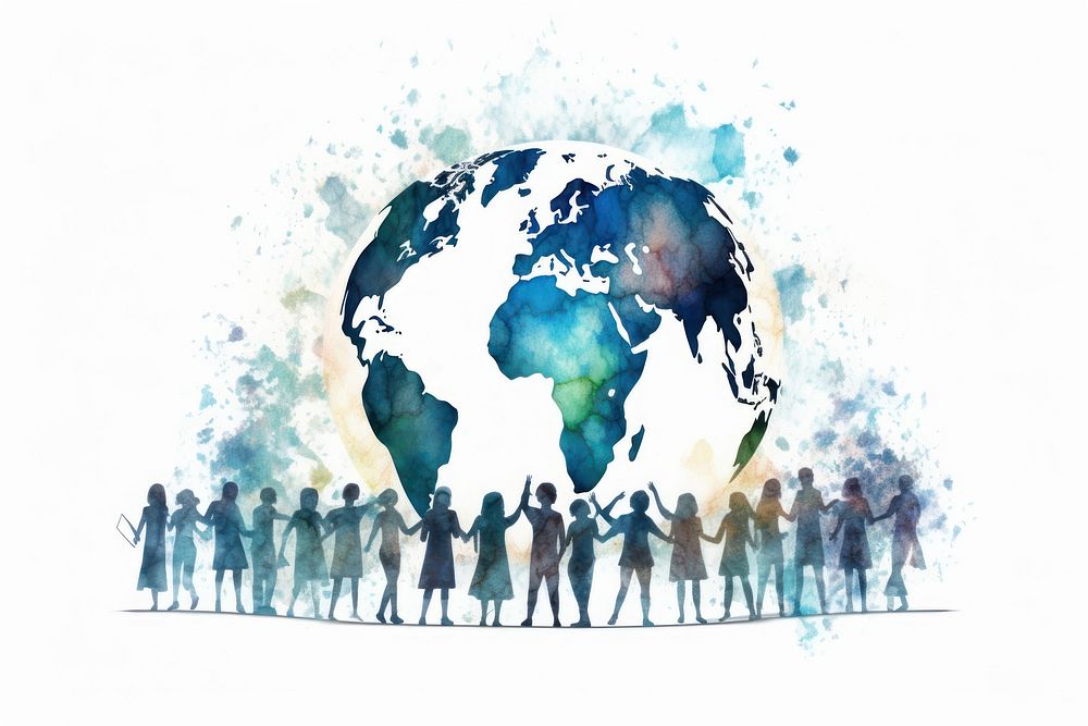 Silhouette of people holding hands around a globe togetherness planet white background. AI generated Image by rawpixel.