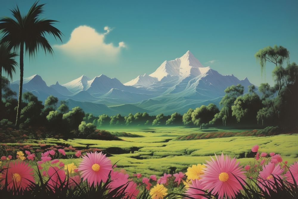 A Behind the lawn garden there are mountains landscape outdoors painting. AI generated Image by rawpixel.