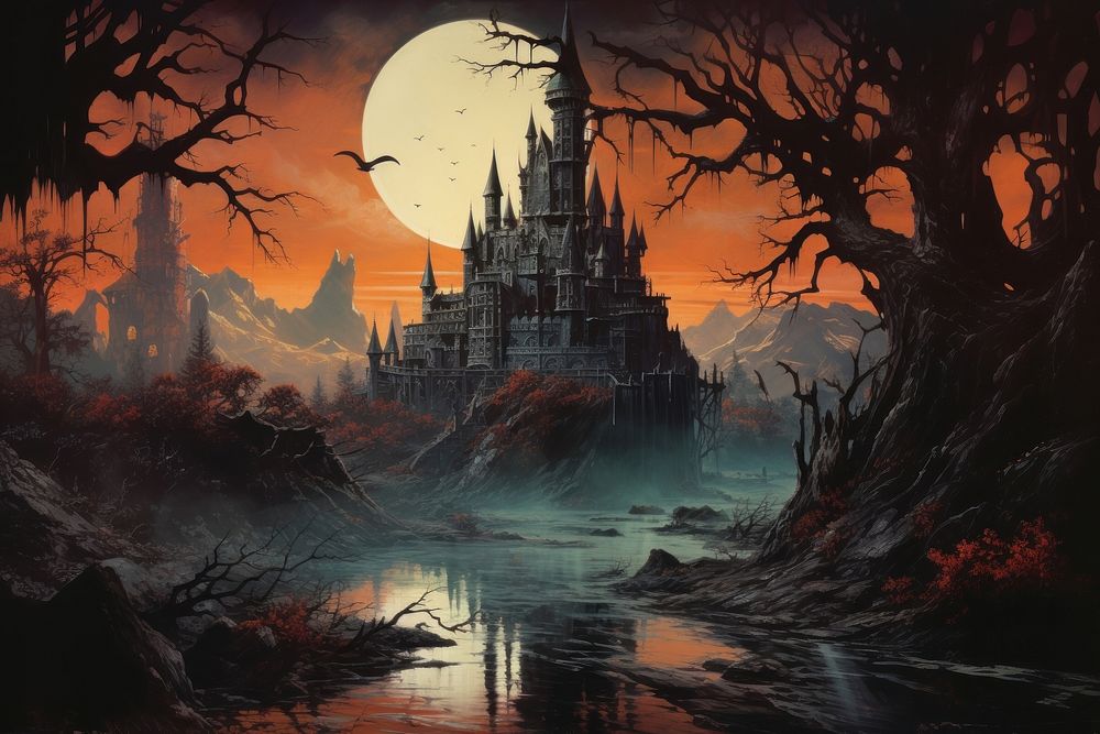 Spooky Castle landscape reflection outdoors. AI generated Image by rawpixel.