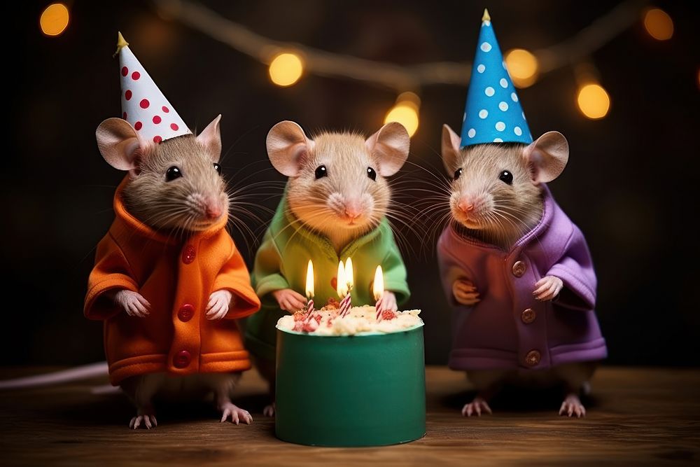 Three mice dressed as birthday boys animal mammal rodent. AI generated Image by rawpixel.