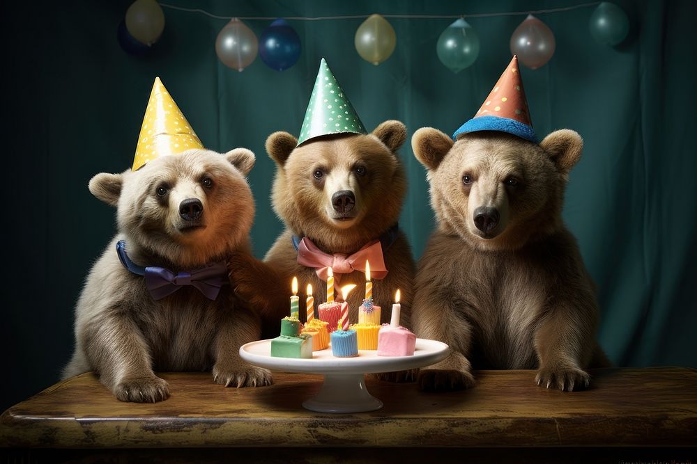 Three baby bears dressed as birthday boys mammal animal party. AI generated Image by rawpixel.