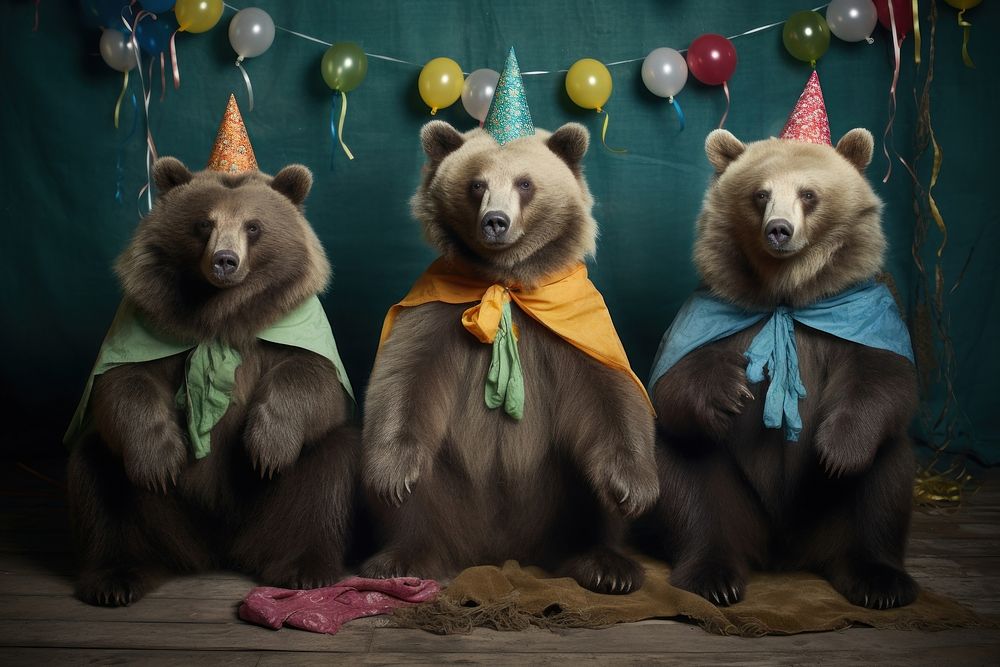 Three baby bears dressed as birthday boys mammal animal representation. AI generated Image by rawpixel.