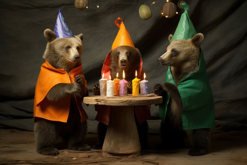 Three baby bears dressed as birthday boys mammal animal representation. AI generated Image by rawpixel.