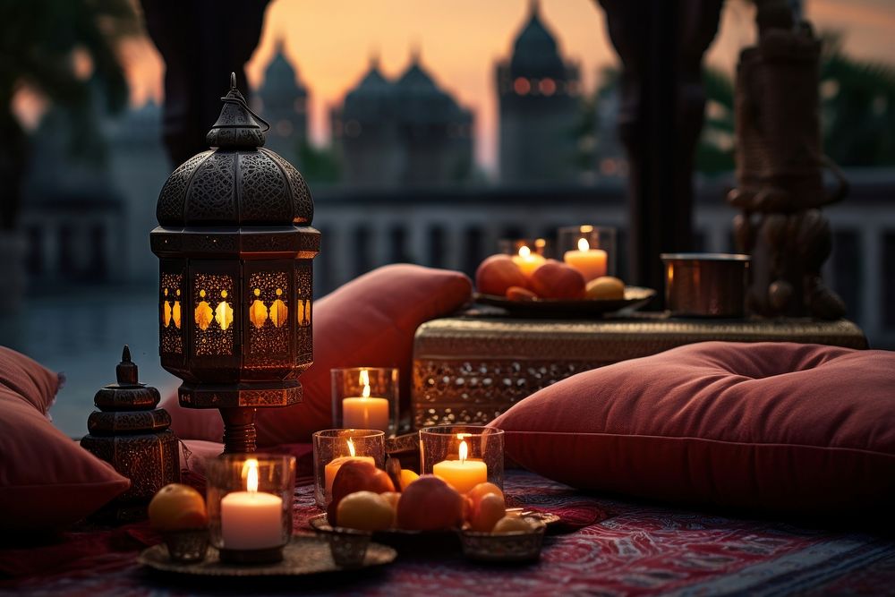The Ramadan Islamic Mosque in the morning candle relaxation lantern. AI generated Image by rawpixel.