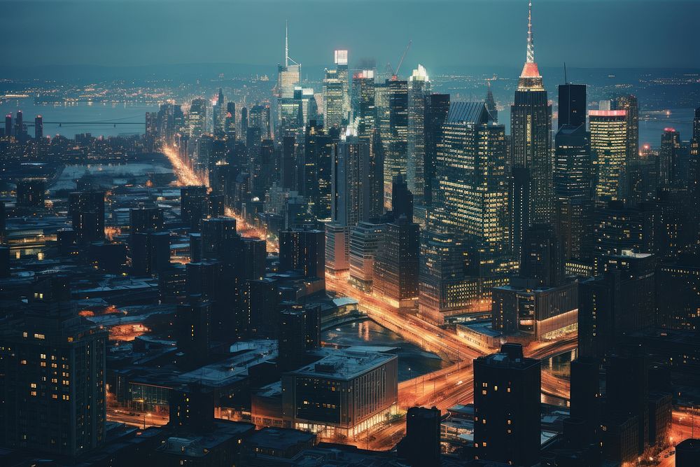 A nighttime aerial view of New York City city architecture metropolis. AI generated Image by rawpixel.