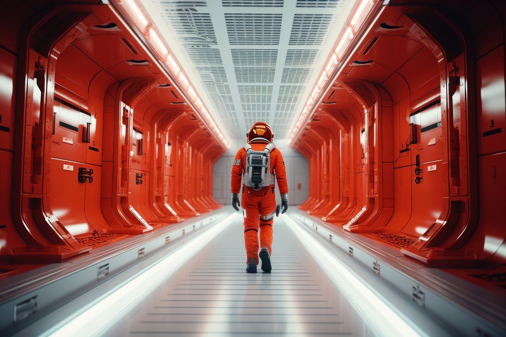 An astronaut walking through the corridor of his rocket architecture futuristic technology. AI generated Image by rawpixel.