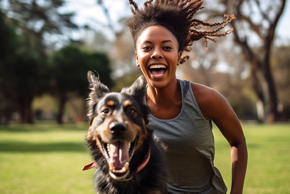 A Black South African woman laughing running mammal. AI generated Image by rawpixel.
