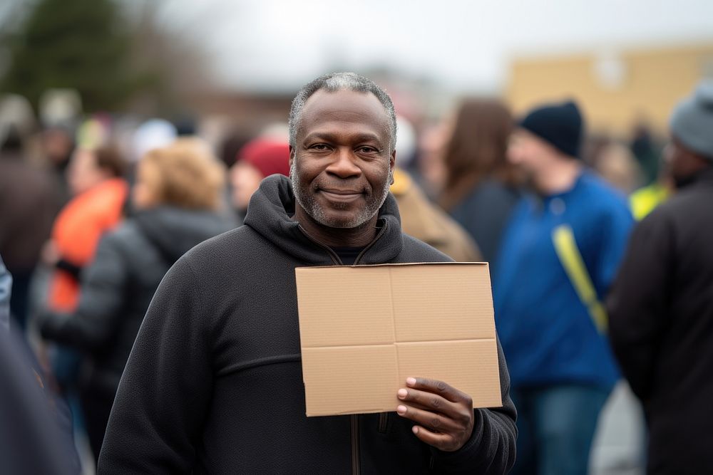 Middle-aged black man holding a blank cardboard sign portrait adult photo. AI generated Image by rawpixel.
