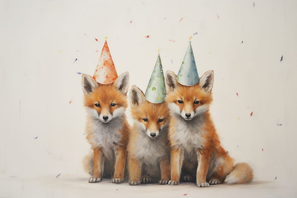 Three baby fox party scene mammal animal hat. AI generated Image by rawpixel.