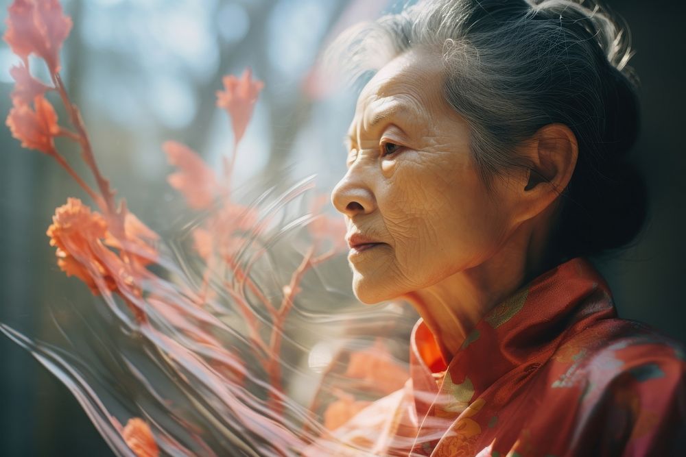 High contrast colored film photography of a mature chinese woman adult contemplation sunlight. 