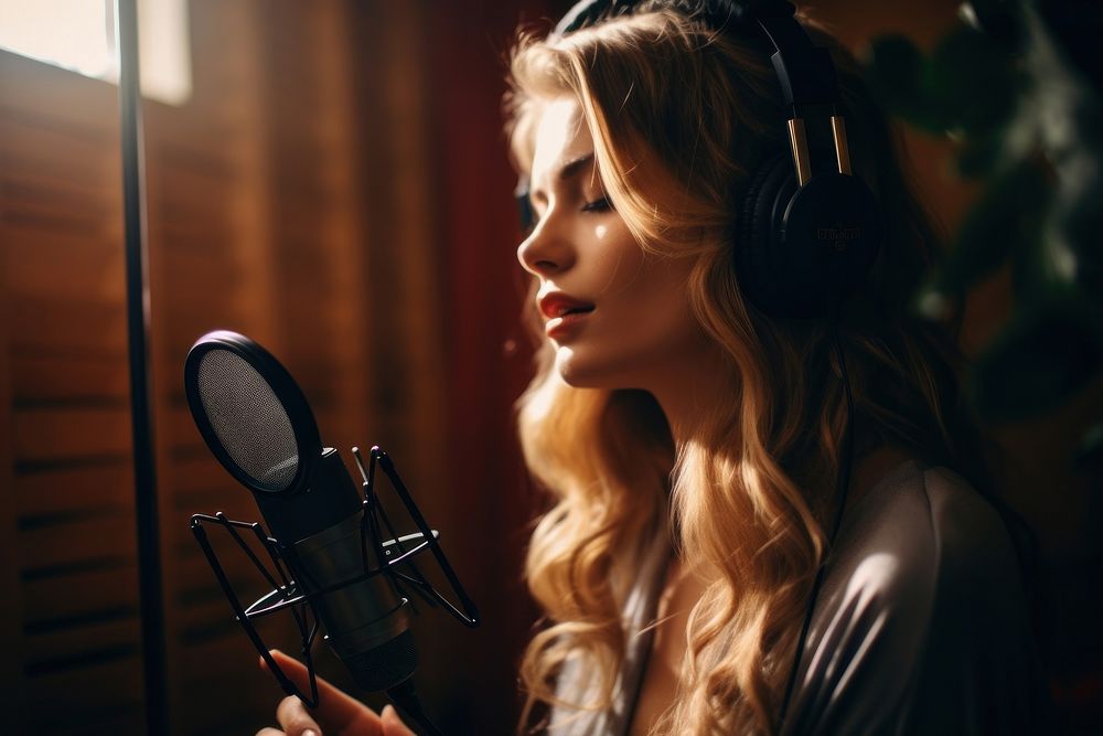 A woman in headphones is singing in the recording studio microphone adult performance. AI generated Image by rawpixel.