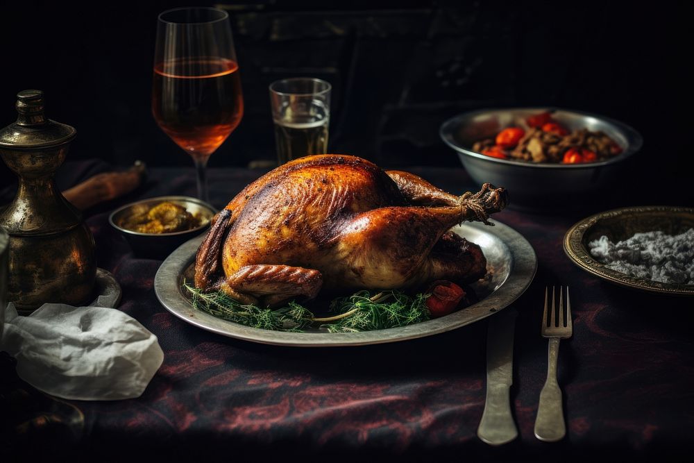 A roasted turkey on the table dinner plate glass. AI generated Image by rawpixel.
