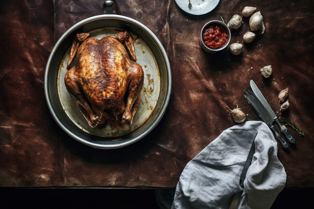 A roasted turkey on the table plate food meat. AI generated Image by rawpixel.