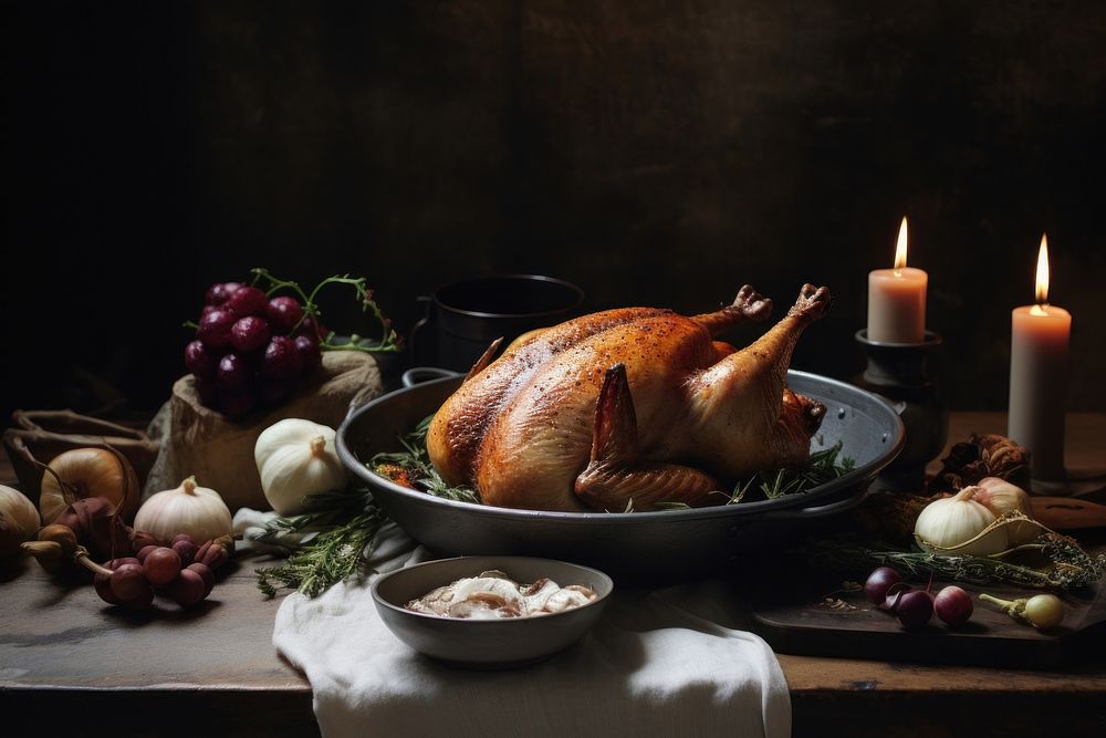 A roasted turkey on the table dinner candle food. AI generated Image by rawpixel.
