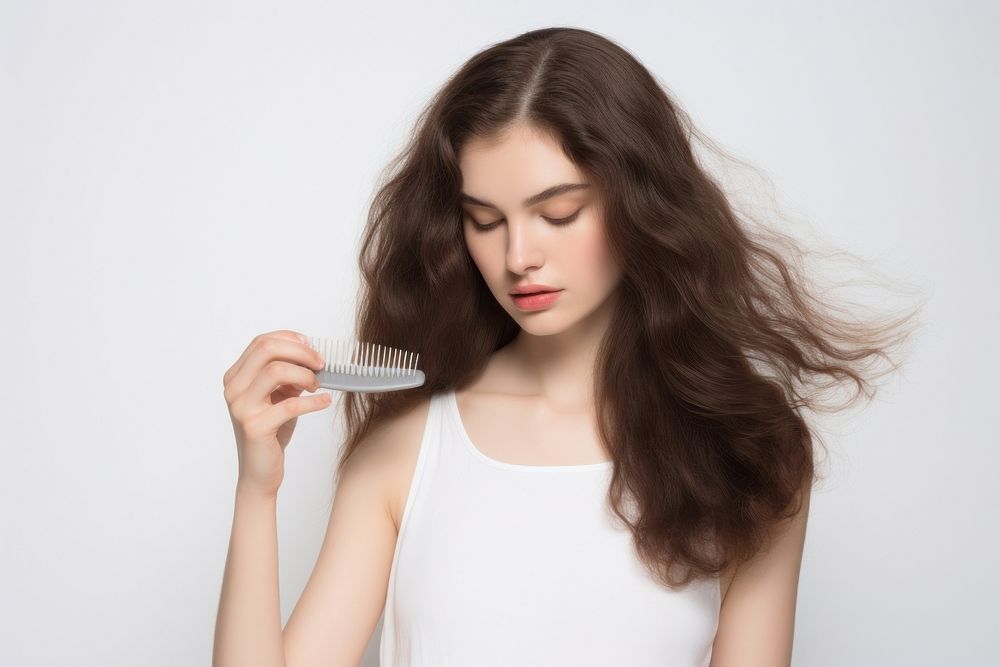 The woman is brushing her hair adult white background studio shot. AI generated Image by rawpixel.