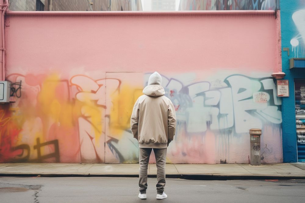 A man in a hoodie standing in front of a minimal graffiti-covered wall in New York footwear architecture creativity. AI…
