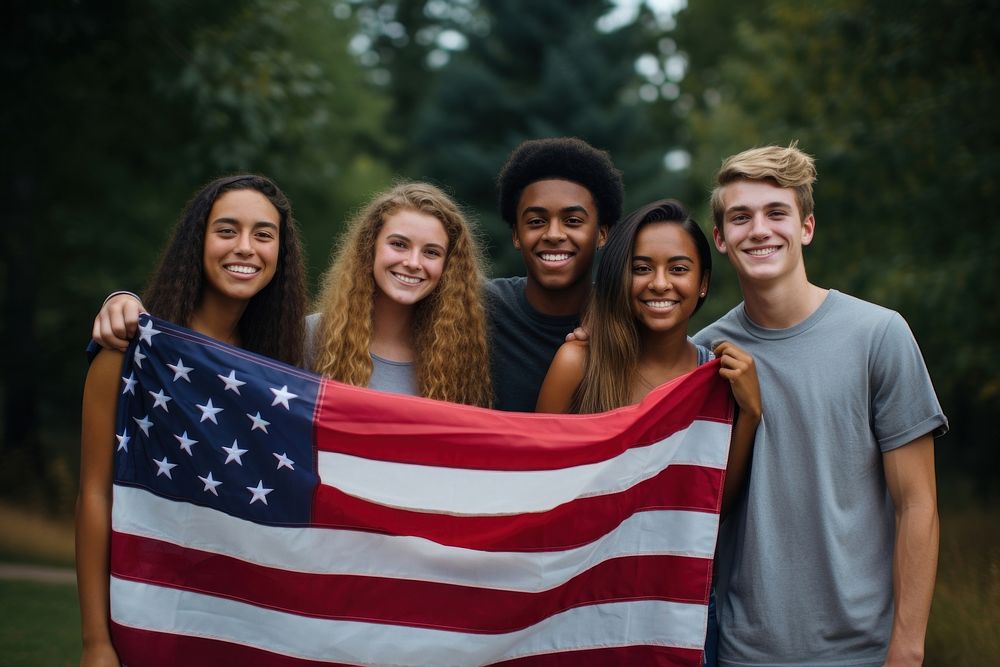 American teen holding american flag people adult togetherness. AI generated Image by rawpixel.