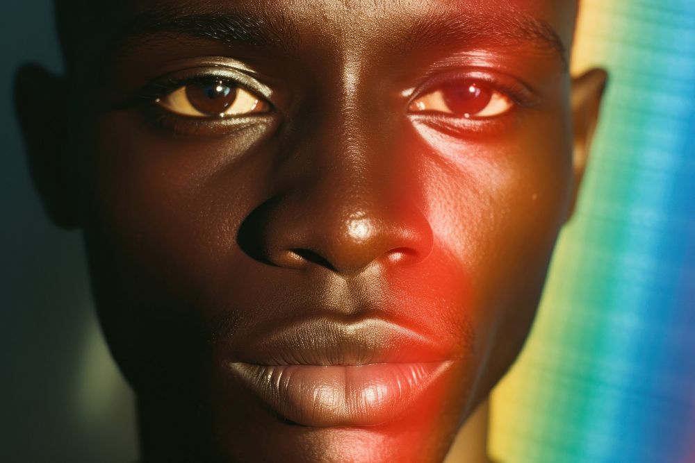 Rainbow light on black man face photography portrait skin. AI generated Image by rawpixel.