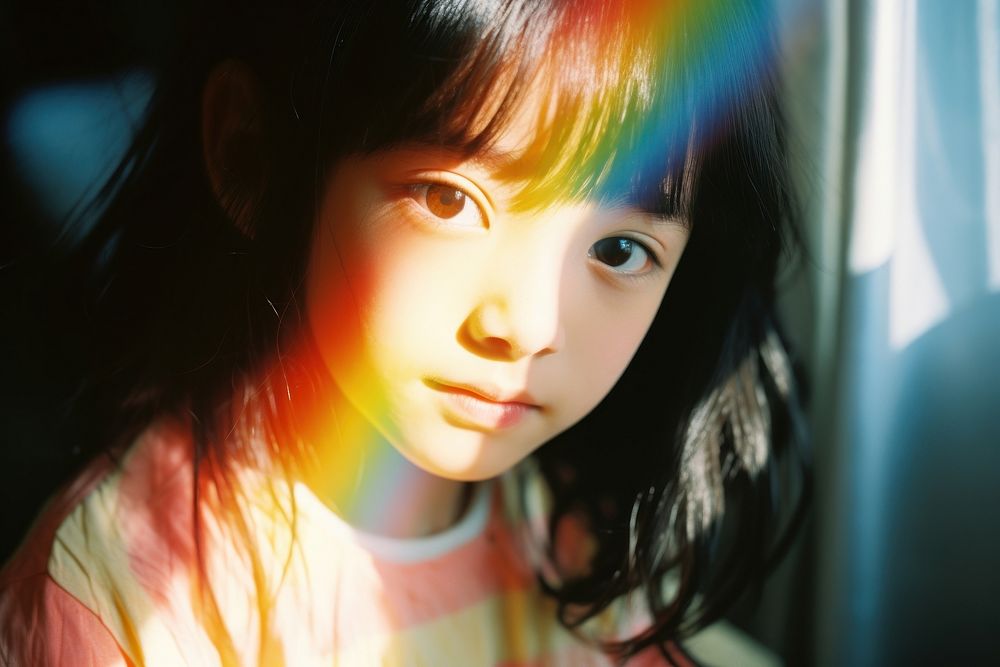 Rainbow light on child face photography portrait hairstyle. AI generated Image by rawpixel.