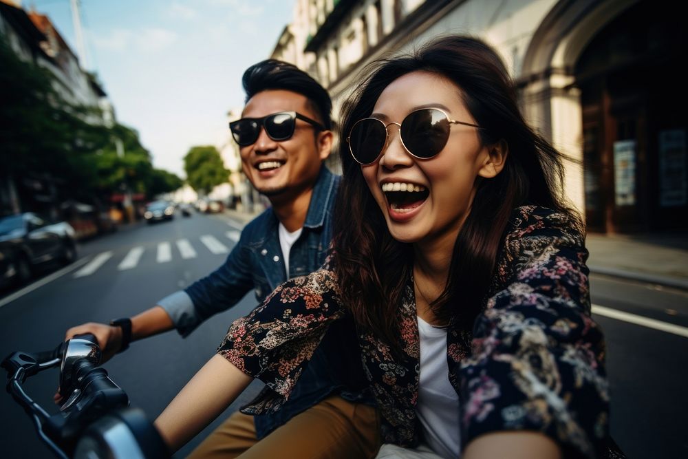 Asian couple street sunglasses motorcycle. AI generated Image by rawpixel.
