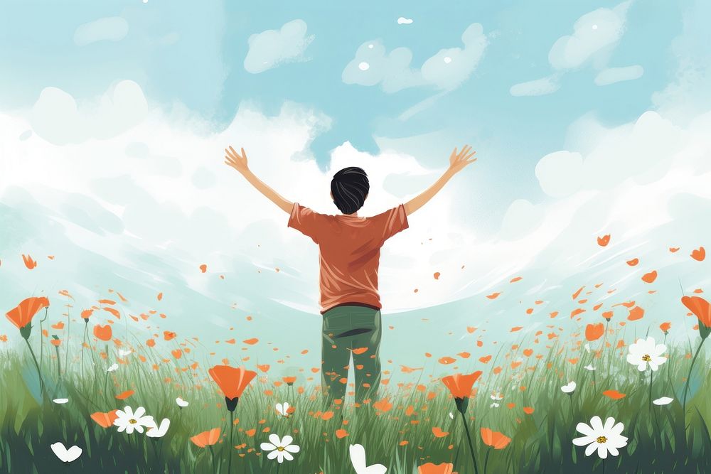 Carefree teen boy standing flower springtime. AI generated Image by rawpixel.
