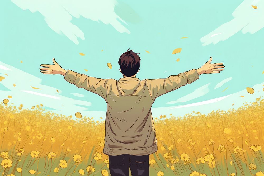 Carefree teen boy standing field adult. AI generated Image by rawpixel.
