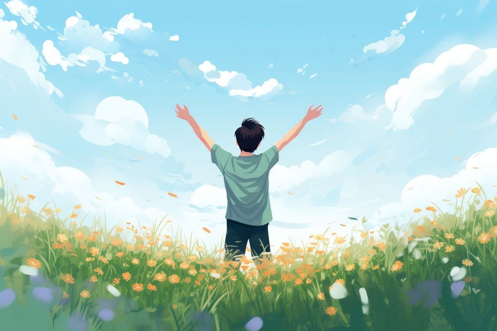Carefree teen boy standing flower field. AI generated Image by rawpixel.