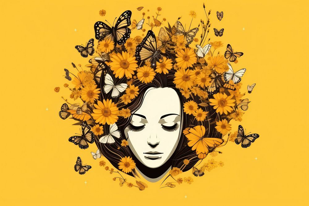 Head with sunflowers butterfly drawing sketch. AI generated Image by rawpixel.