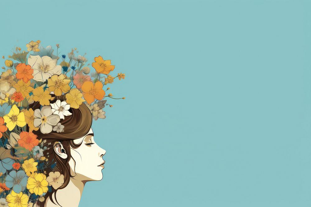 Head with blooming flowers adult plant art. AI generated Image by rawpixel.