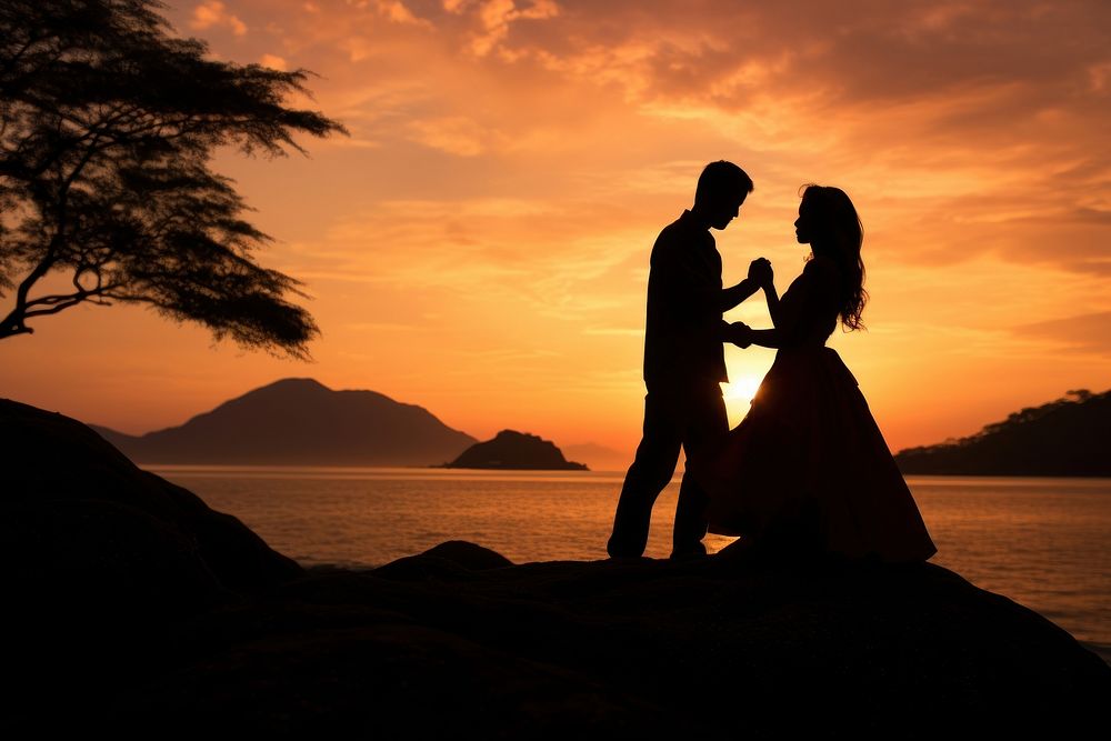 Sunset asain couple silhouette photo backlighting outdoors wedding. AI generated Image by rawpixel.