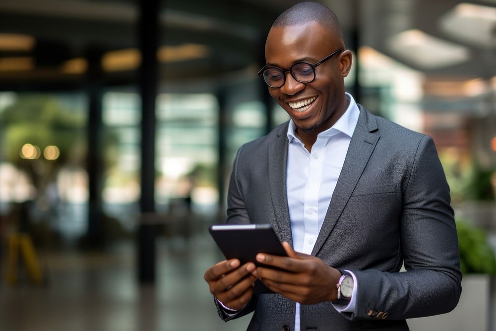 Black guy business man standing portrait glasses. 