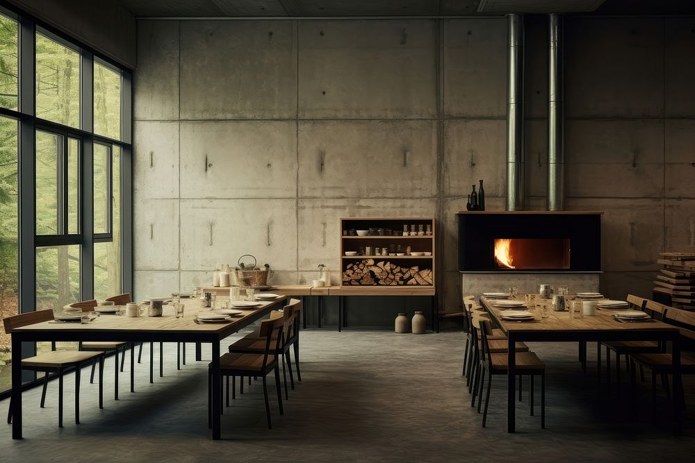 Canteen fireplace architecture restaurant. AI generated Image by rawpixel.