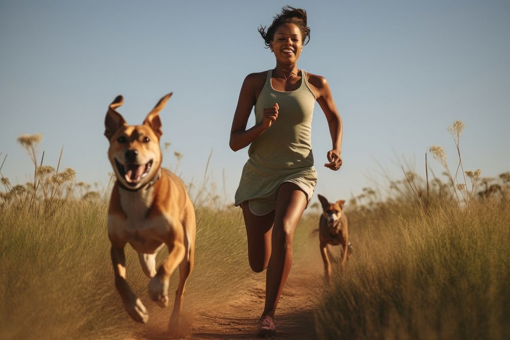 A Black South African woman running dog pet. AI generated Image by rawpixel.