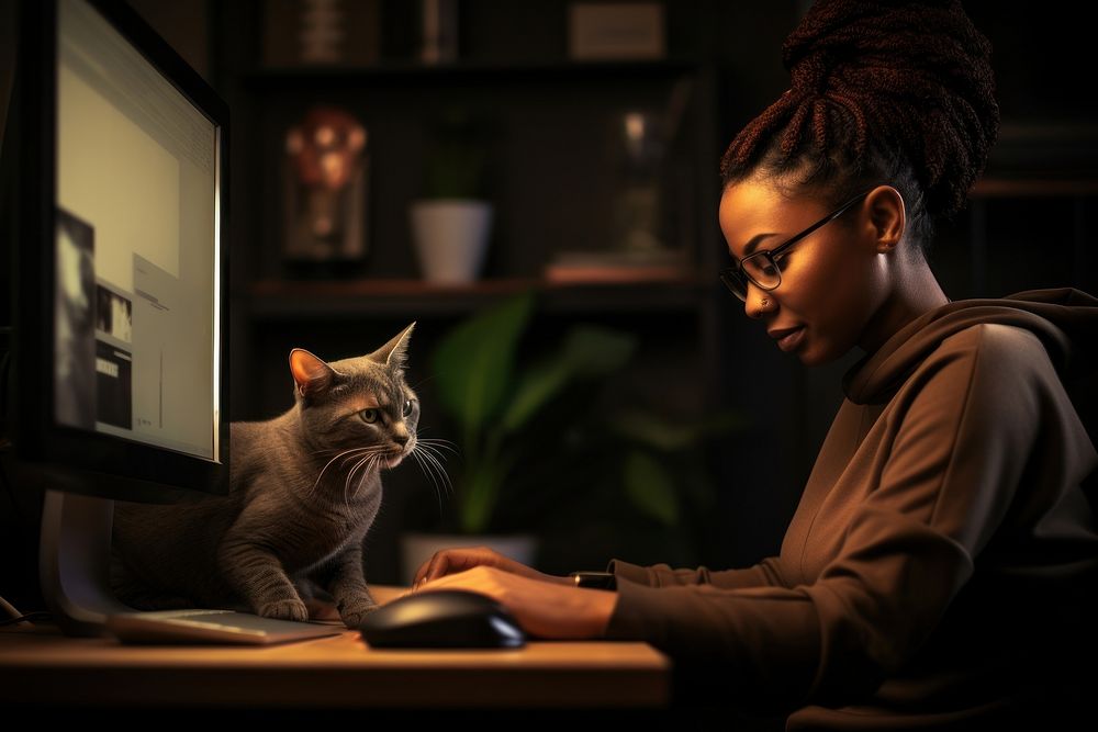 Cat Black South African woman computer pet. AI generated Image by rawpixel.