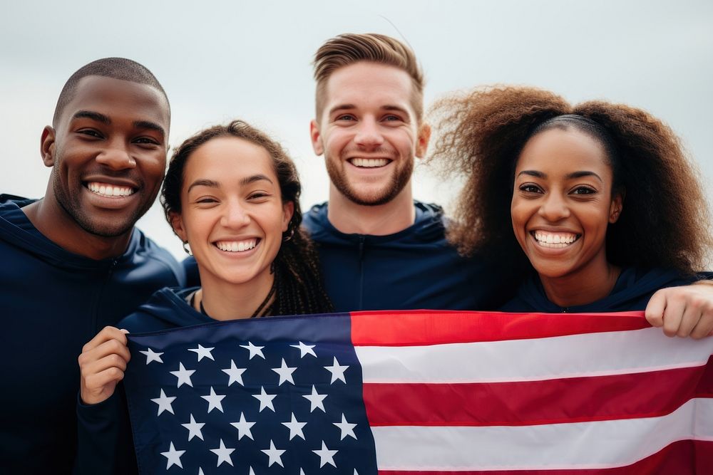 American athletes smiling together flag outdoors adult. AI generated Image by rawpixel.
