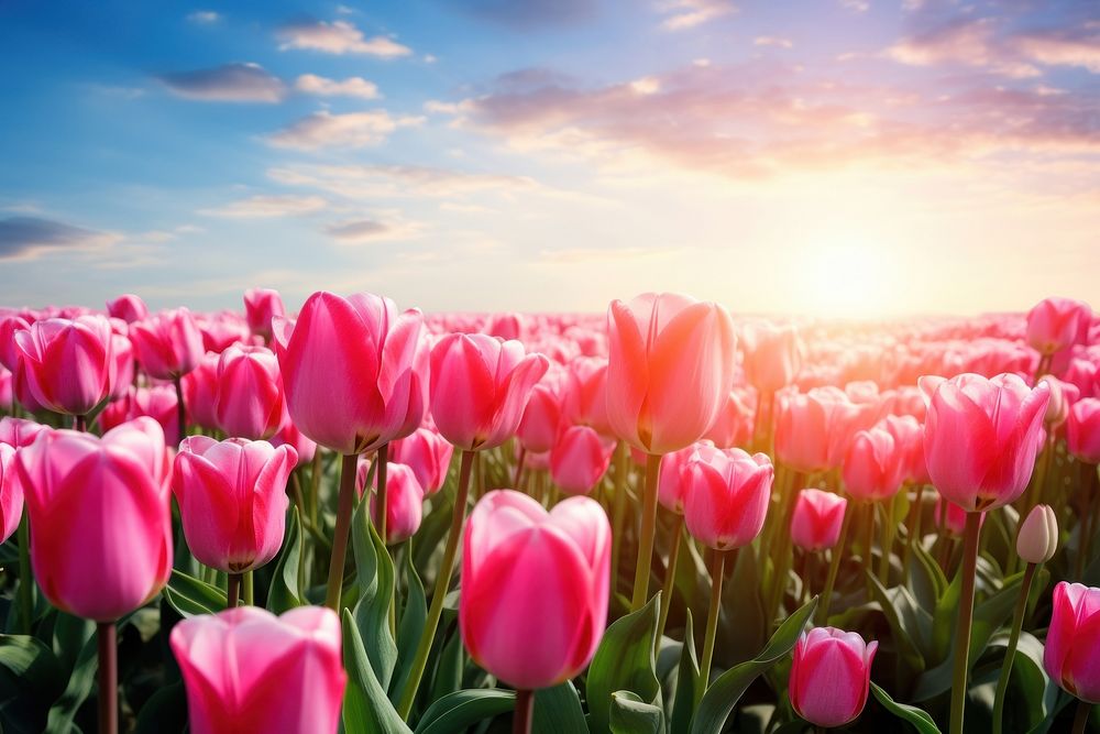 Pink tulips field flower landscape outdoors. AI generated Image by rawpixel.